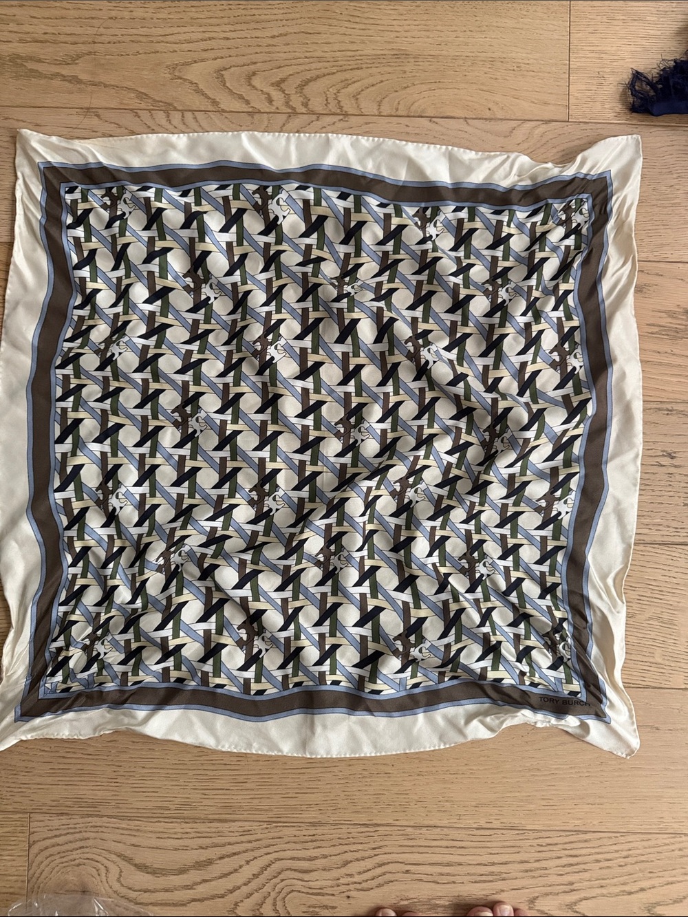 Tory Burch Cream, Brown & Blue Geometric Silk Scarf